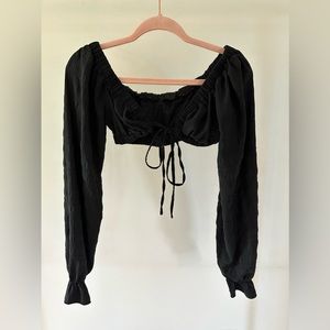 SHEIN Black Long Sleeve Tie Front Crop Top